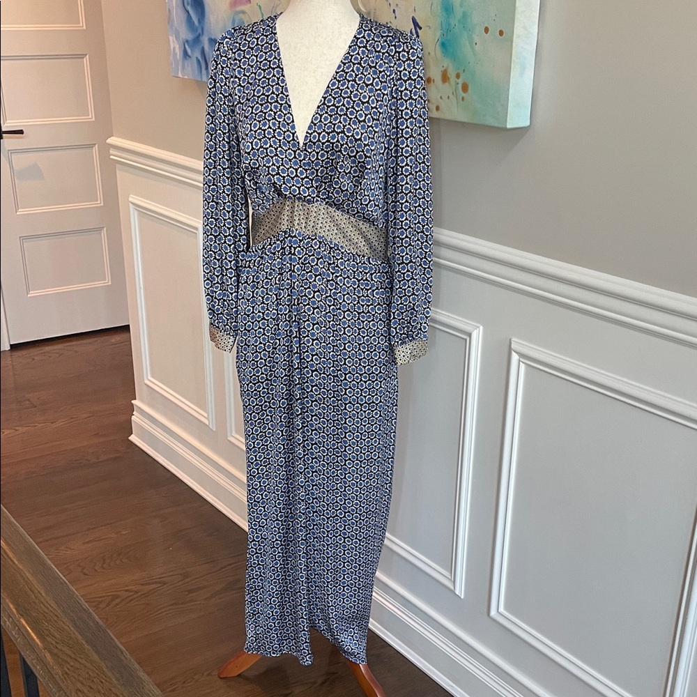 Zara Blue and White Patterned Jumpsuit